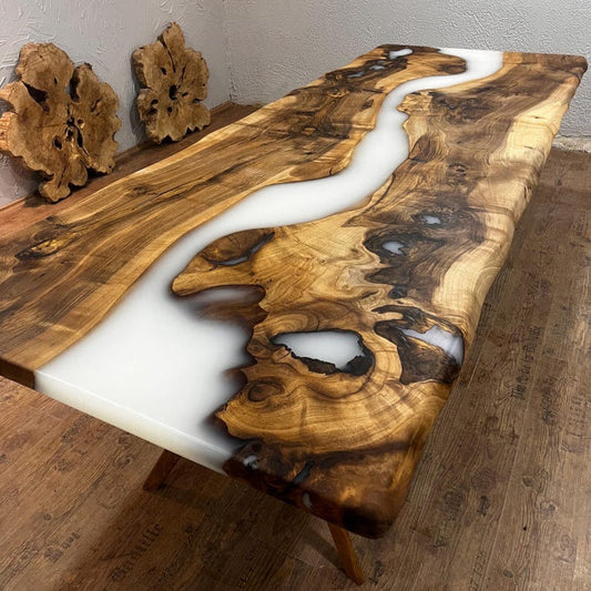 Custom Order White Epoxy Table Top , Live Edge Meeting Table , River Table