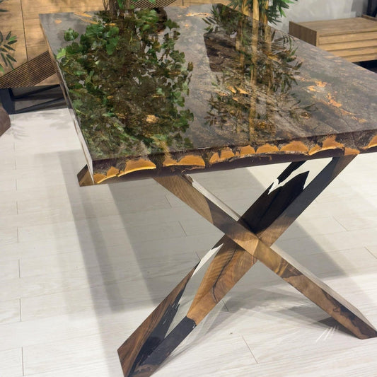 Special Tree Bark & Moss Epoxy Table, Resin Dining Table