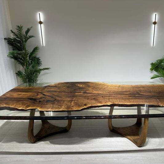 Walnut Office Desk, Clear Epoxy Meeting Table,Unique Natural Edge Table