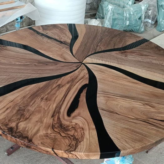 Custom Made Dark Walnut Wood Black Epoxy Round Dining Table - Dining Room Table