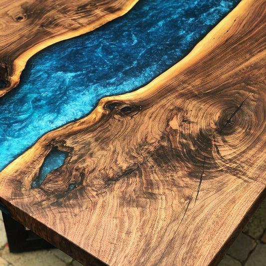 Blue Walnut Conference River Table with Blue Epoxy