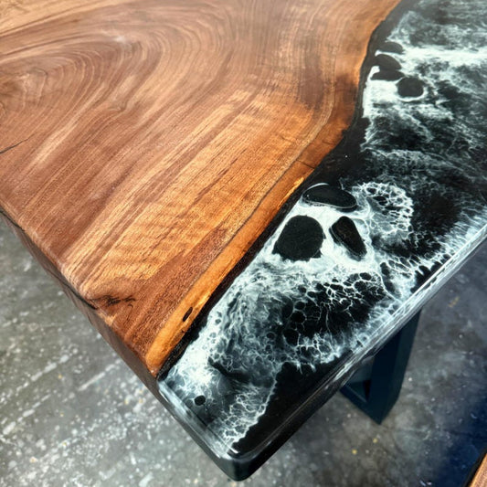 Black River Epoxy Resin Table with benches, Walnut Wood Dining Table