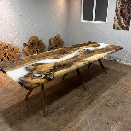 Custom Order White Epoxy Table Top , Live Edge Meeting Table , River Table