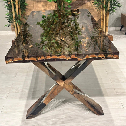 Special Tree Bark & Moss Epoxy Table, Resin Dining Table