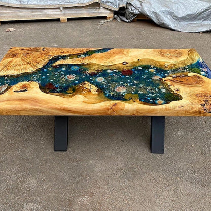Custom Poplar Wood River Blue Green Tropical Design Aquarium Epoxy Dining Table