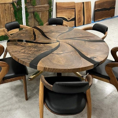 Custom Made Dark Walnut Wood Black Epoxy Round Dining Table - Dining Room Table
