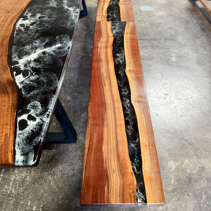 Black River Epoxy Resin Table with benches, Walnut Wood Dining Table